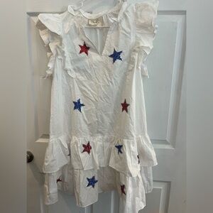 Fantastic Fawn White Dress with Red and Blue Star Accents sz L